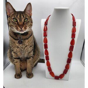 Long Handmade Titto Red Carnelian Colored Bead Slab Silver Station Necklace Fall